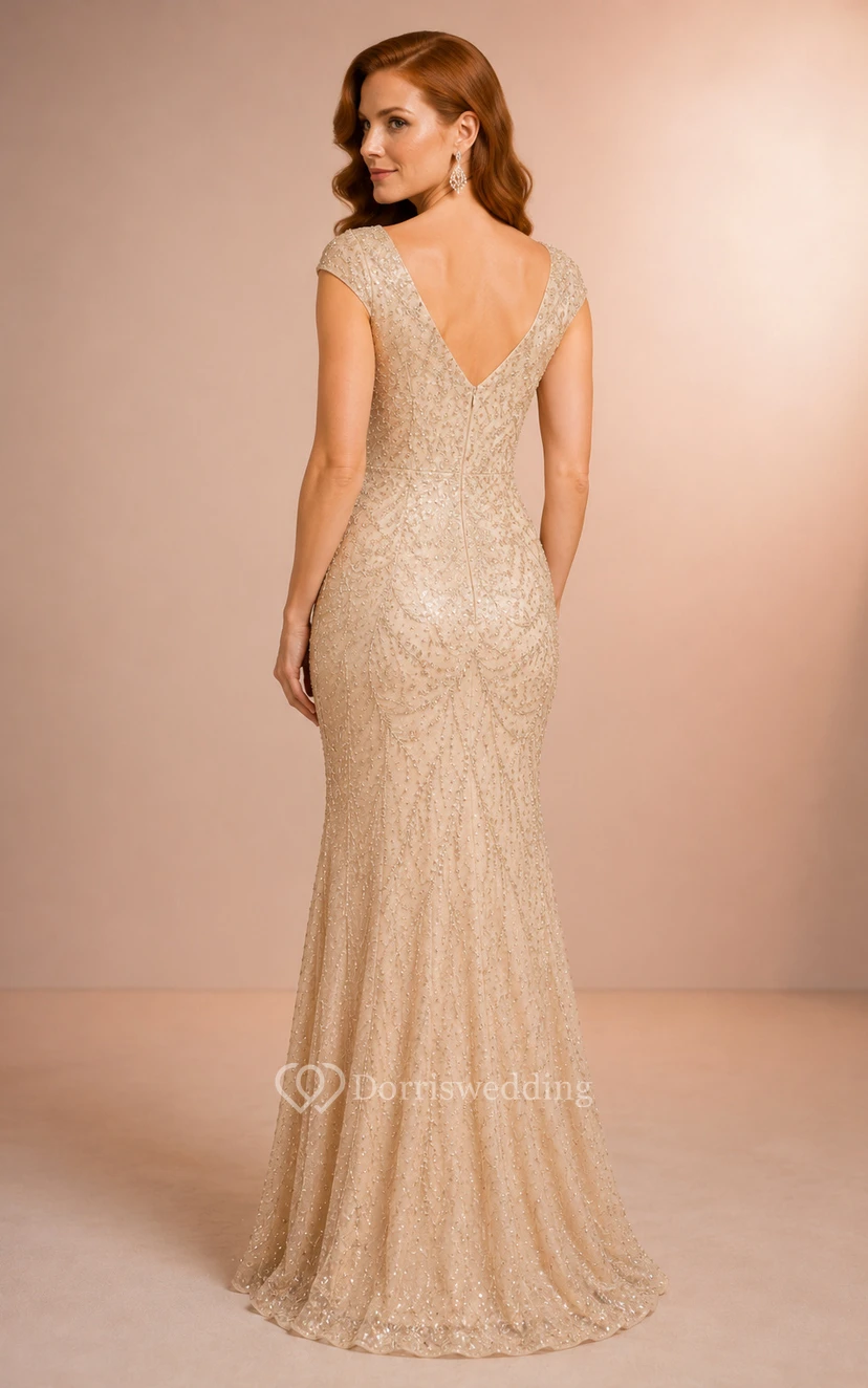 Champagne Cap Sleeve Beaded Sheath Mother Dress V Neckline for Mother and Formal Events view 2