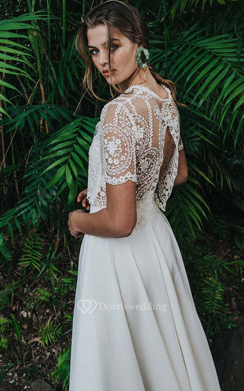 Vintage Two Piece Short-sleeve Tea-length Chiffon Wedding Dress