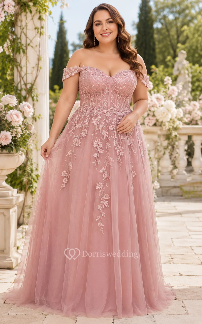 Elegantes, schulterfreies A-Linien-Tüllkleid in Übergröße in Altrosa mit Applikationen für Abschlussball und festliche Empfänge
