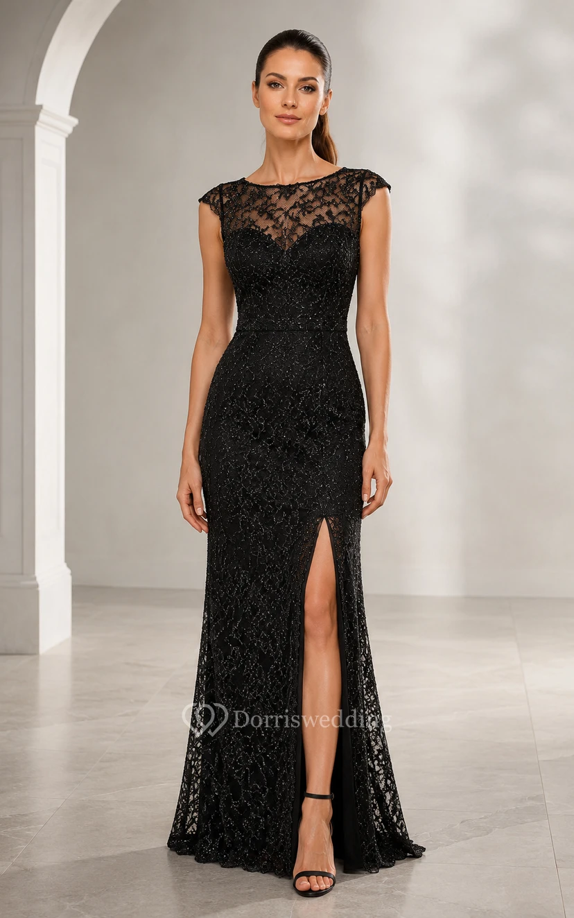 Black Lace Cap Sleeve Sheath Evening Dress Illusion Neckline for Evening and Formal Events