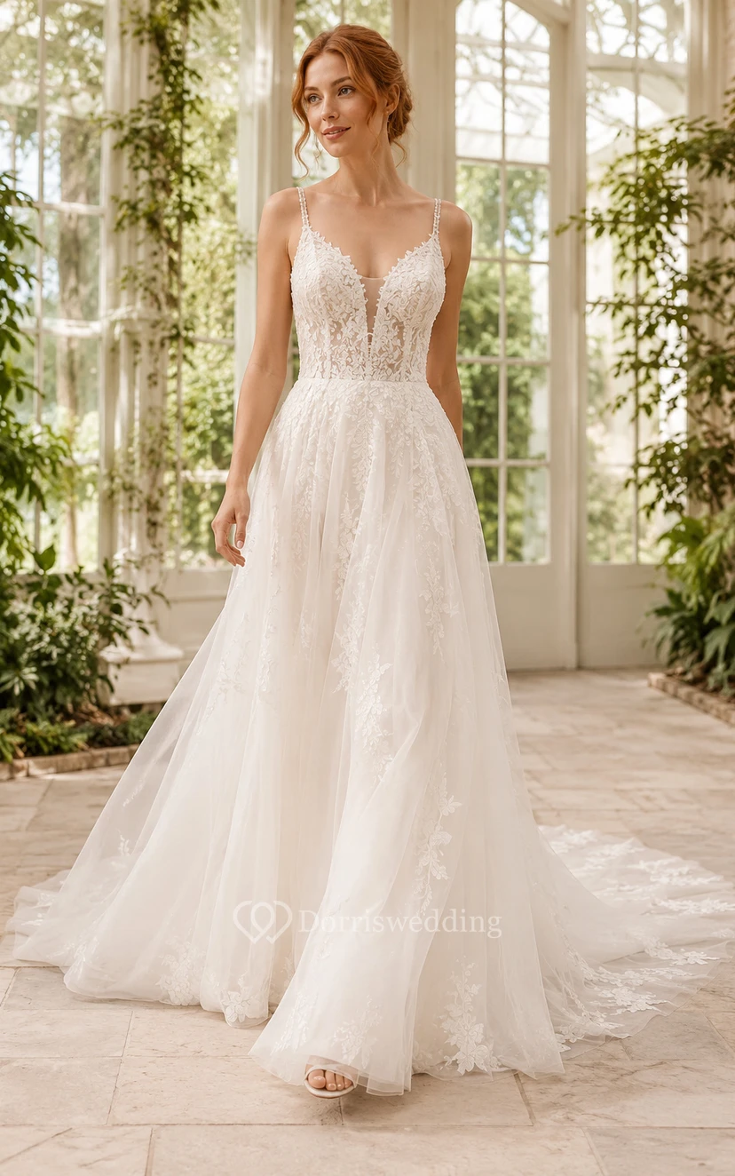 Robe de mariée en tulle coupe A avec corsage en dentelle à col en V et dos nu