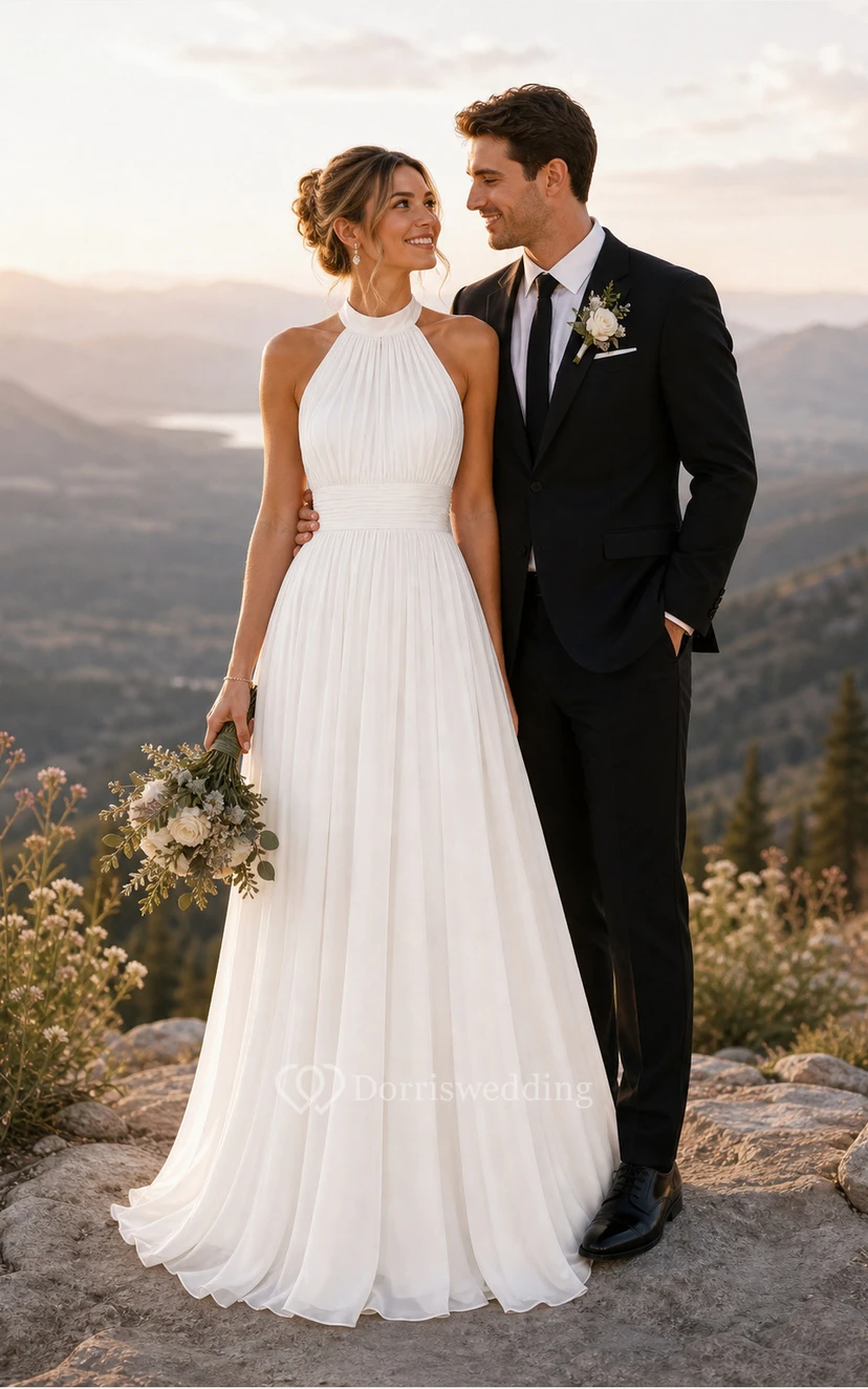 White Halter A-Line Wedding Dress view 3