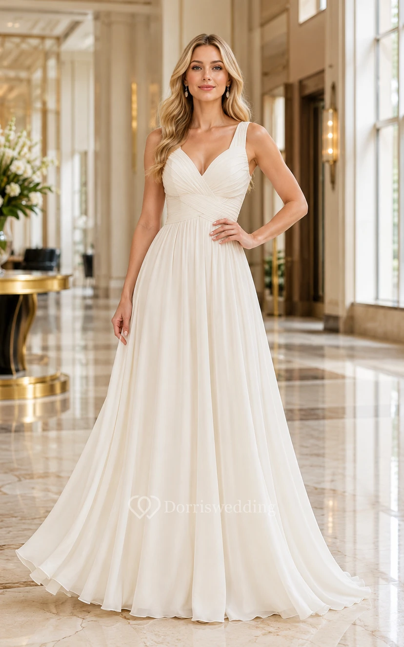 Robe de mariée trapèze en mousseline à col en V, corsage plissé et traîne pour la cérémonie