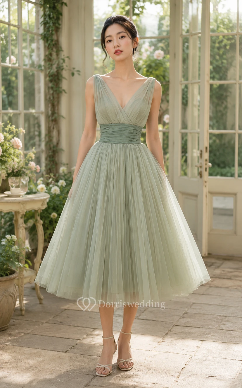 Ärmelloses Empire-Chiffonkleid mit V-Ausschnitt, geraffter Taille und Falten view 6