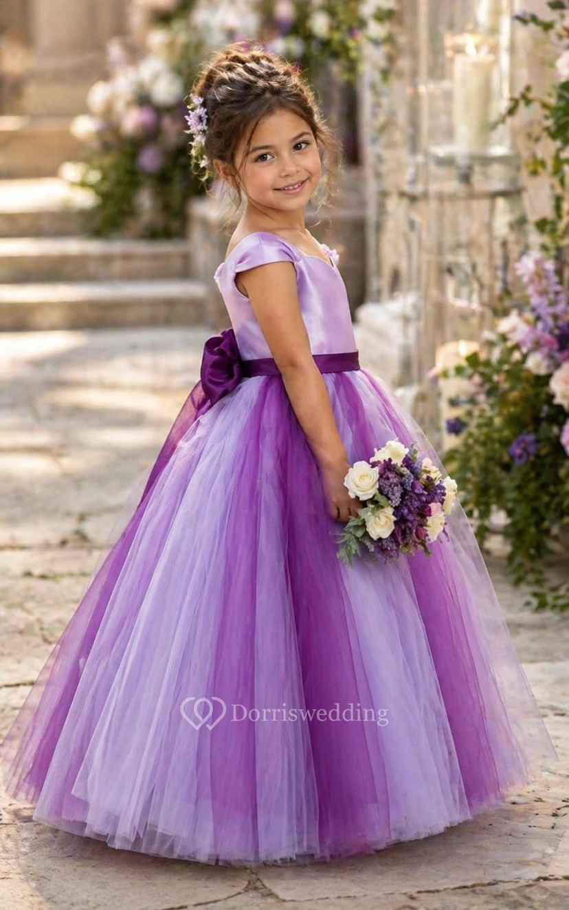 Lovely Tulle Princess Bowknot Flower Girl Purple Bridesmaid Dress Cap  Sleeve | Dorris Wedding