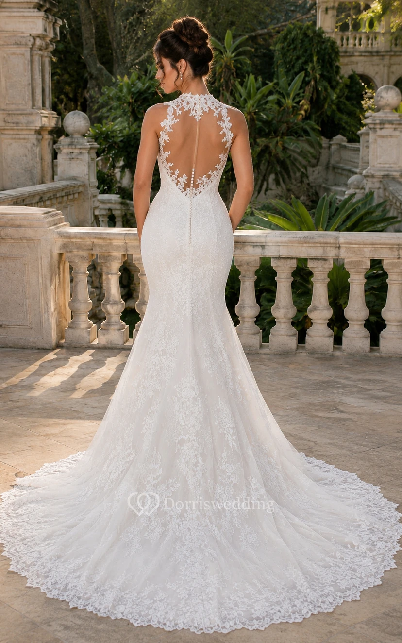 Robe de mariée sirène en dentelle avec col montant, dos nu et traîne view 2