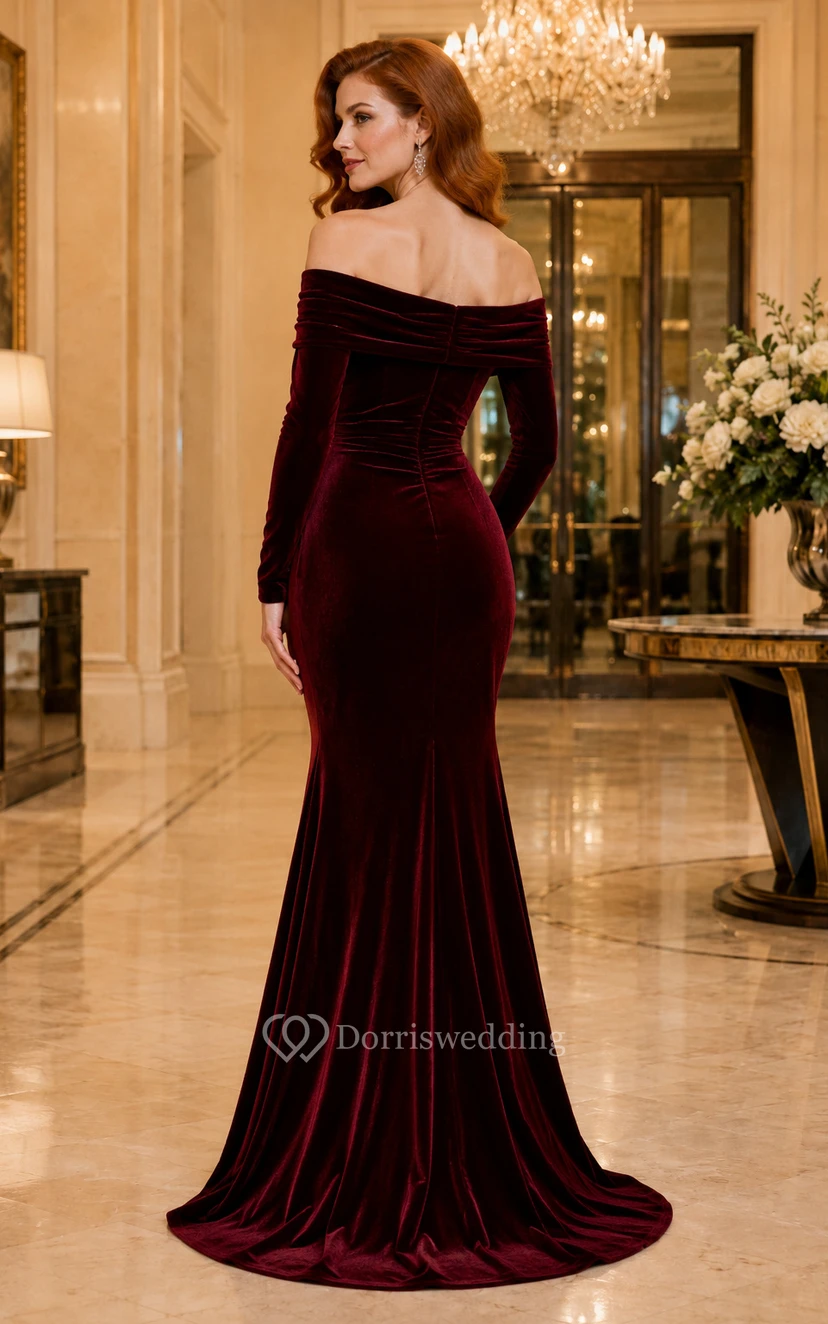 Burgundy Off Shoulder Long Sleeve Velvet Mermaid Evening Dress view 2
