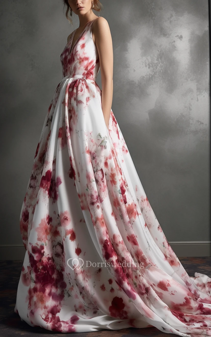 Red and White Floral V-neck Sleeveless Empire A-line Wedding Dress | Dorris Wedding Red and White Floral V-neck Sleeveless Empire A-line Wedding Dress | Dorris Wedding