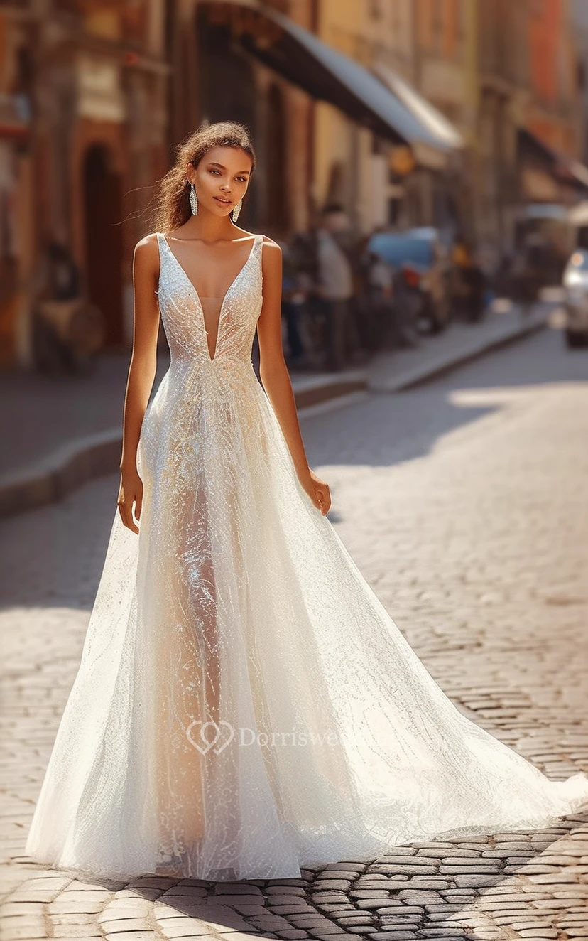 Sophisticated Illusion Sleeveless V neck Luxury Beach Wedding Dress with Beadings Dorris Wedding