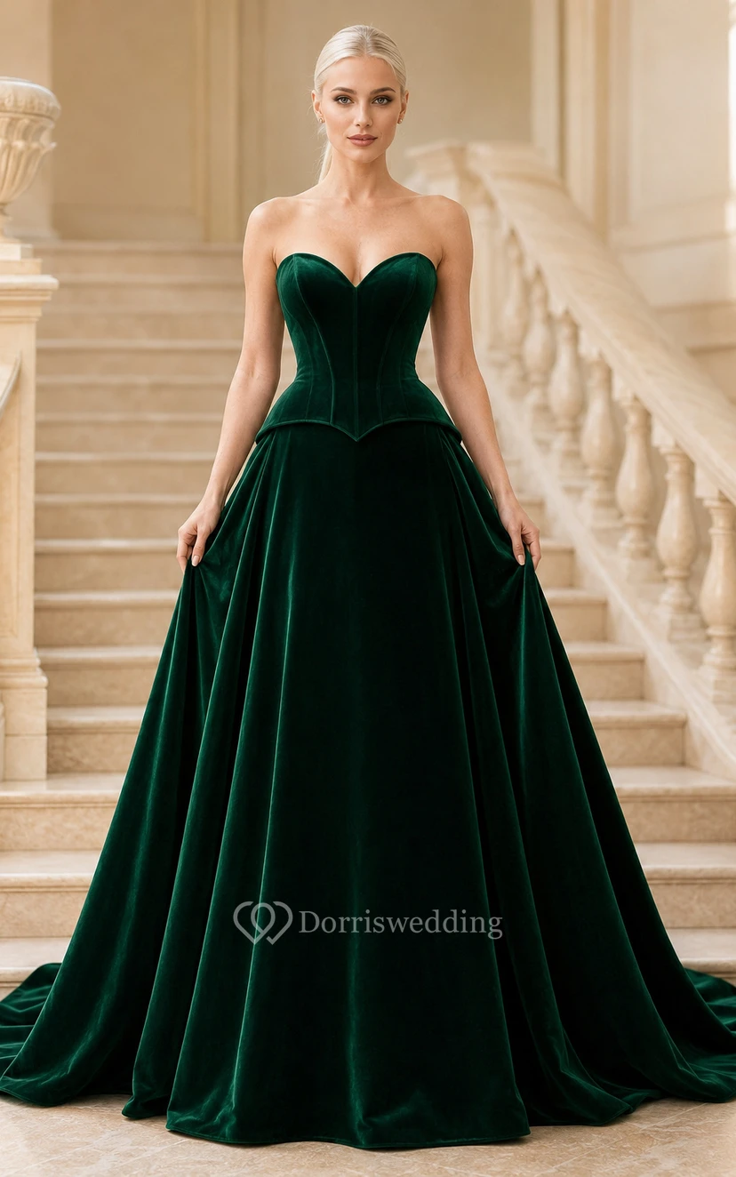 Dunkelgrünes, trägerloses Samtballkleid mit herzförmigem Oberteil und weitem Rock