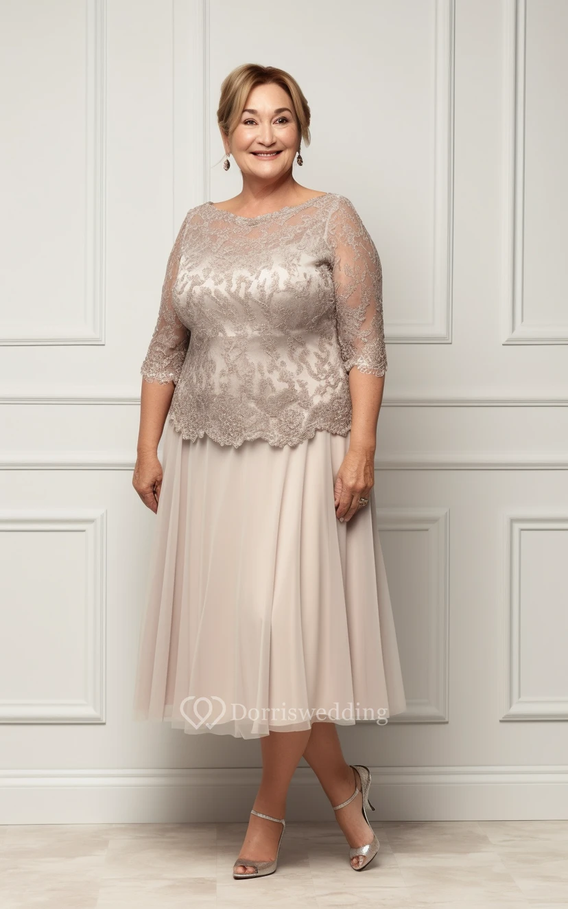 Tea Length Champagne Colored Plus Size Wedding Dresses A-Line Tea-Length  Scoop-Neck Cap-Sleeve Lace&Tulle Plus Size