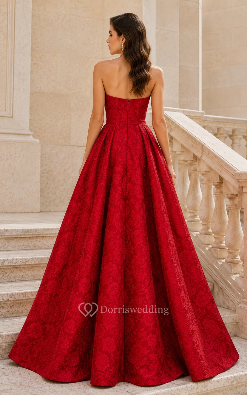 Red Strapless Satin Ball Gown with Sweetheart Neckline and Full Floor Skirt view 2