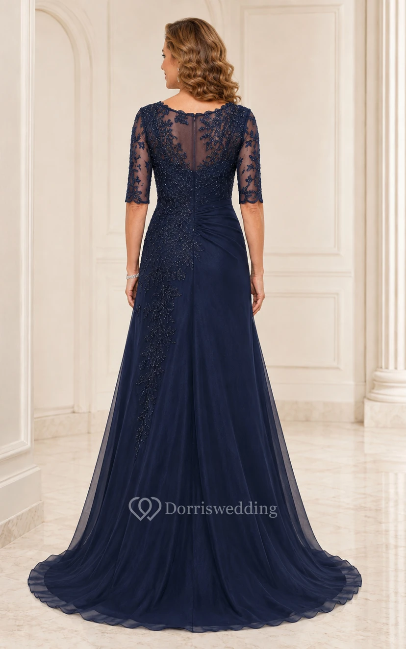 Dark Navy V-Neck Chiffon A-Line Mother Dress with Three Quarter Lace Sleeves view 2