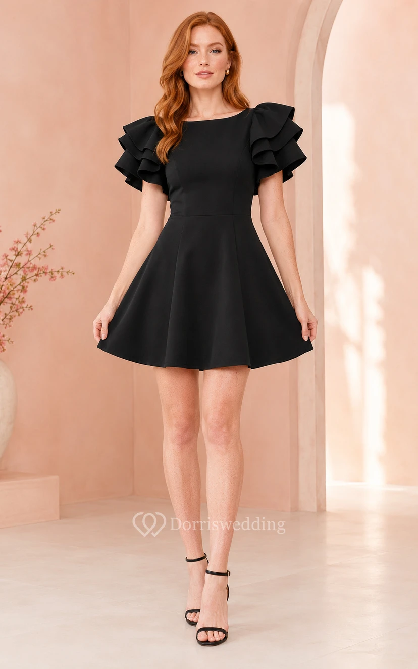 Black A-Line Mini Party Dress with Layered Ruffle Sleeves for Homecoming, Cocktail Party, and Wedding Guest Events