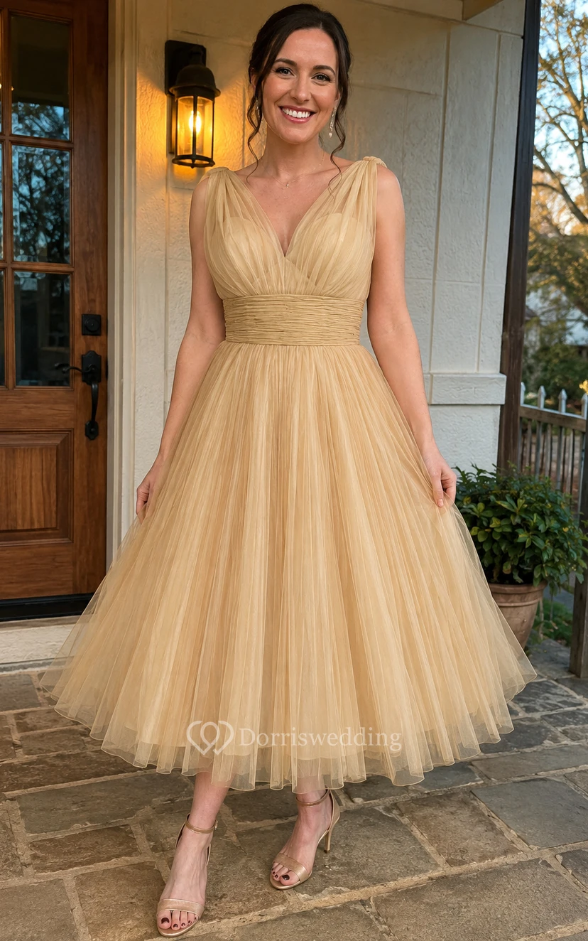 Ärmelloses Empire-Chiffonkleid mit V-Ausschnitt, geraffter Taille und Falten view 10