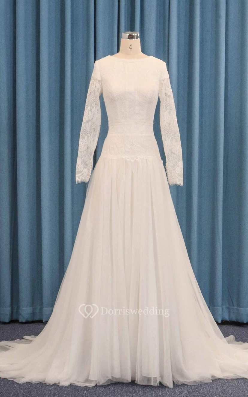 Dropped Waist Long Sleeve Modest Wedding Dress A-line Tulle With Lace  Overlay And Pleats, image size:828x1324