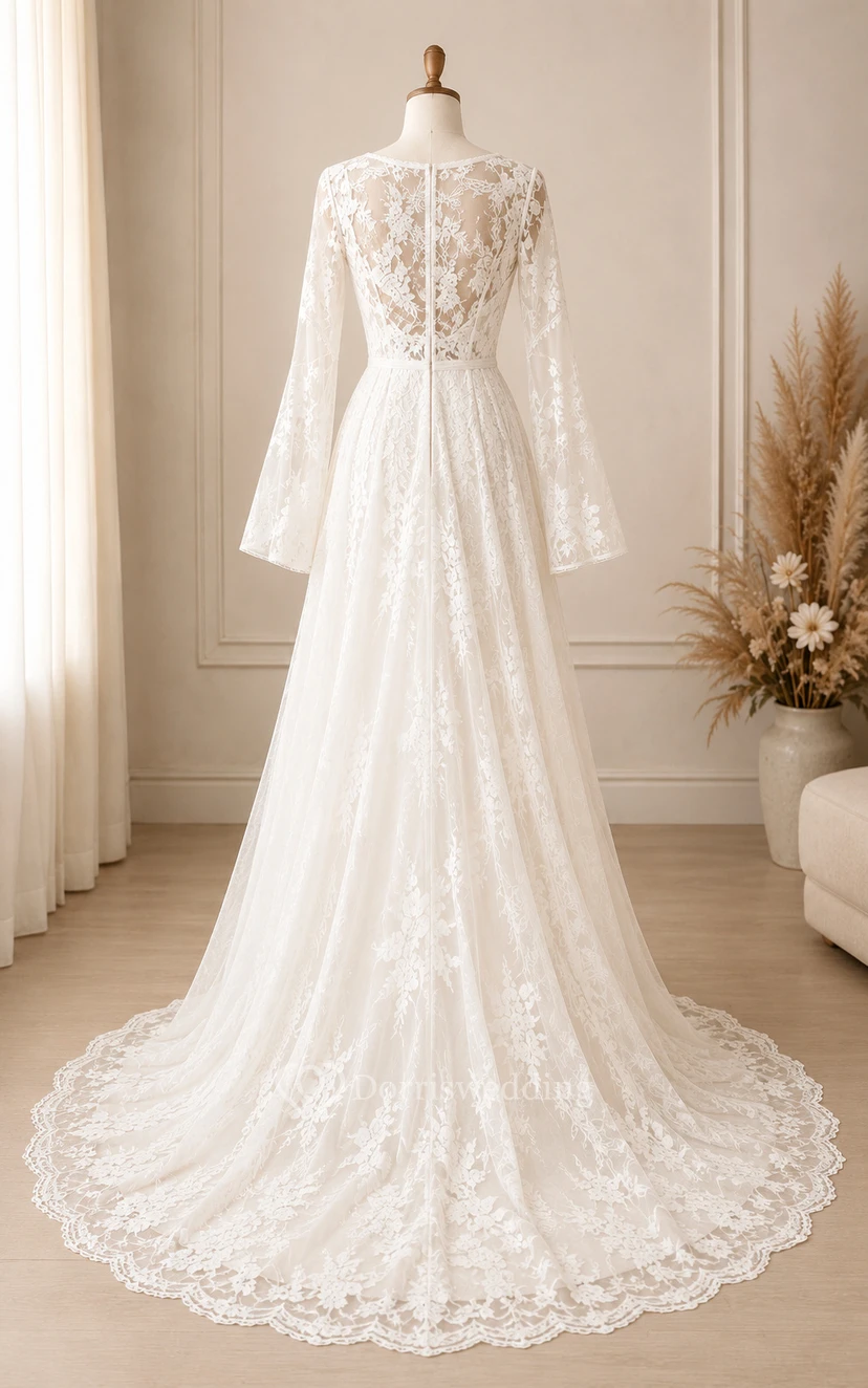 Boho Bell Loneg-sleeve Country Wedding Dress | Vintage Lace Hippie Bridal Gown with Sleeeves view 8