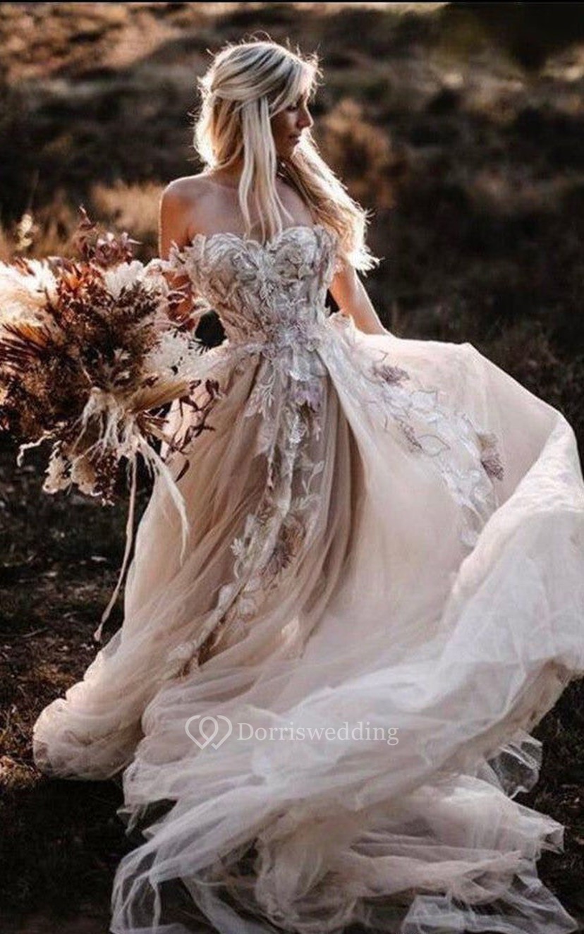 Outdoor Sweetheart Tulle Flowy Applique Backless Boho Wedding Dress Dorris Wedding