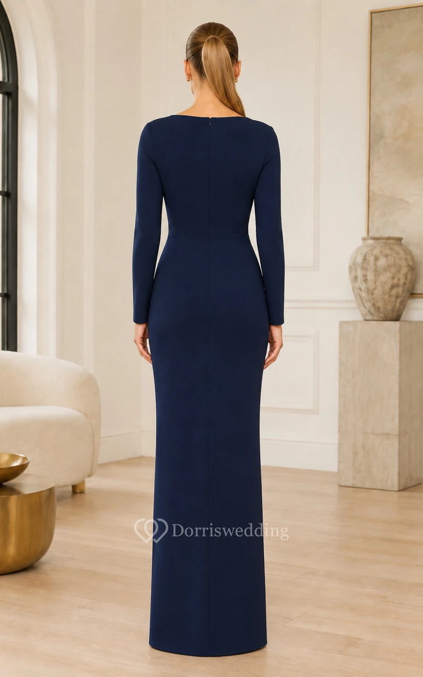 Dark Navy Long Sleeve Bateau Neck Sheath Formal Gown with Minimalist Floor Length Skirt view 2