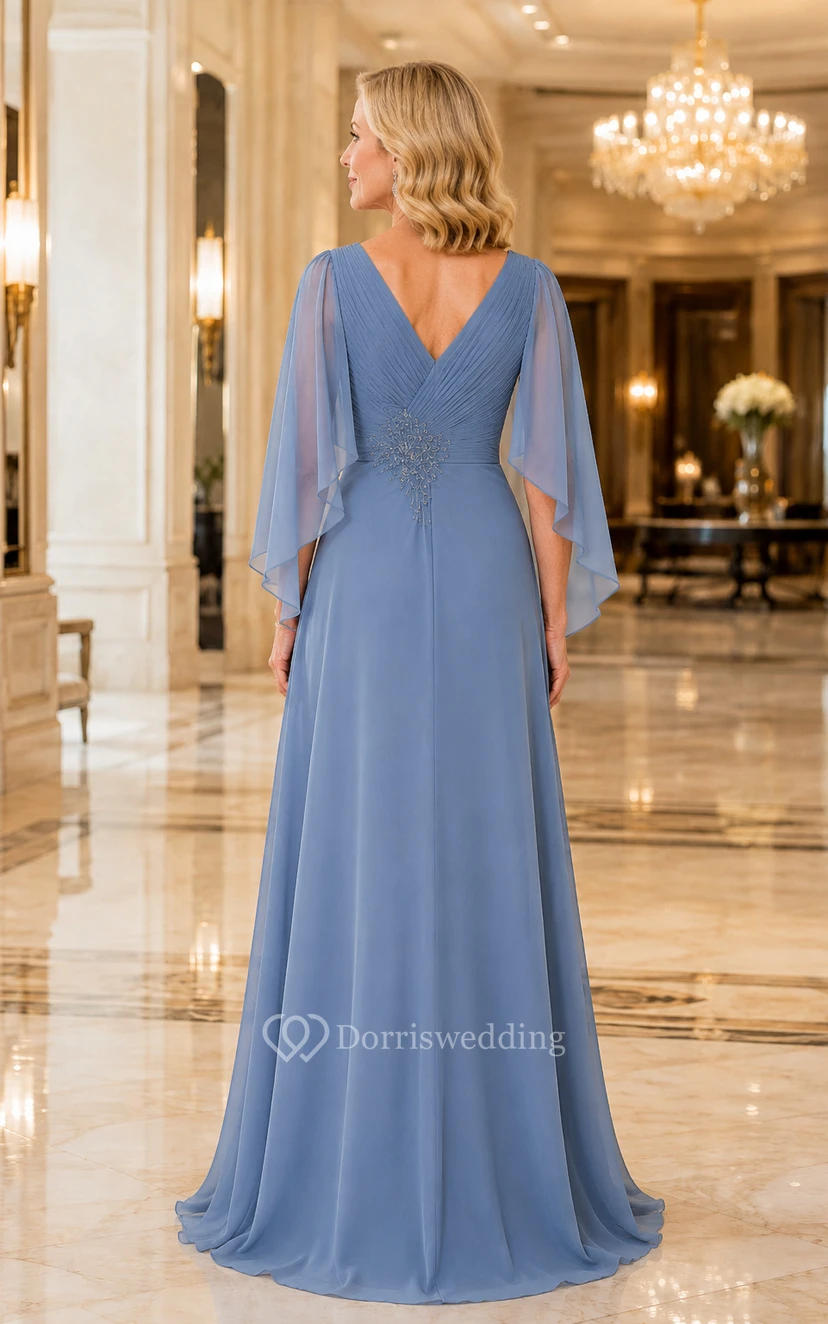Große Größe, stahlblaues Chiffon-Kleid mit Cape-Ärmeln, V-Ausschnitt und perlenbesetzter Taille view 2