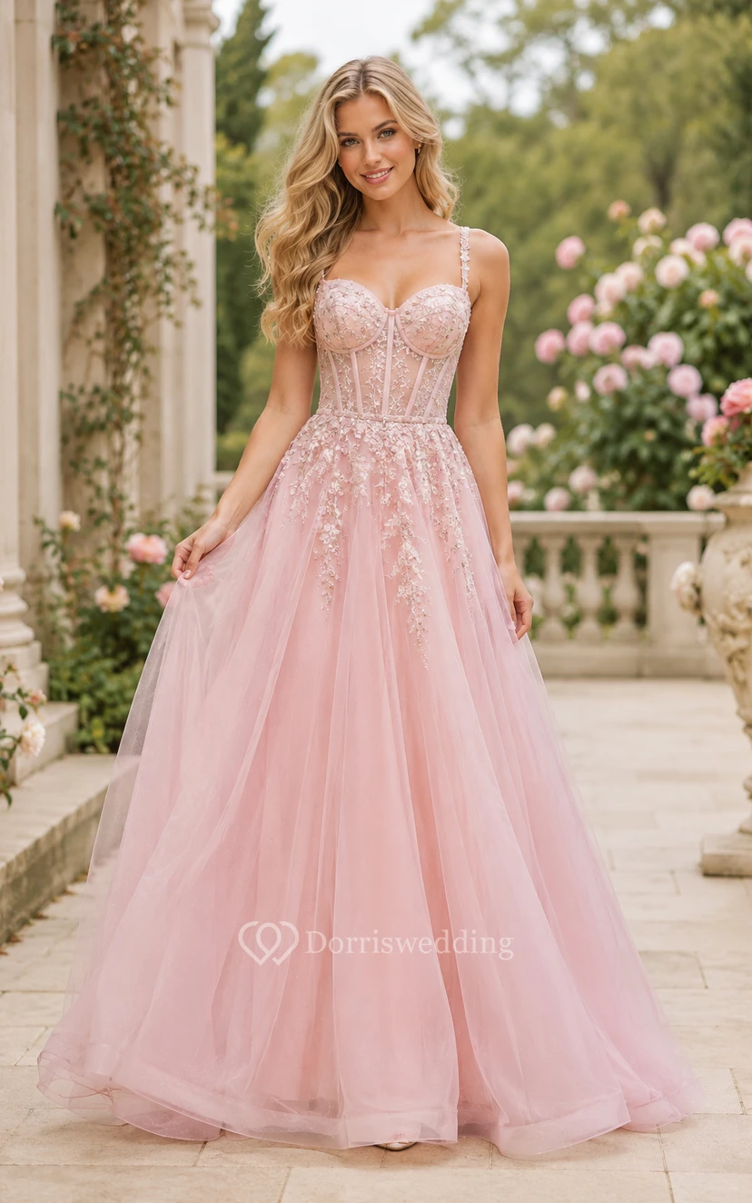 Blushing Pink Spaghetti Strap Tulle A-Line Formal Dress with Lace Appliques for Bridesmaids Wedding Guests and Formal Receptions