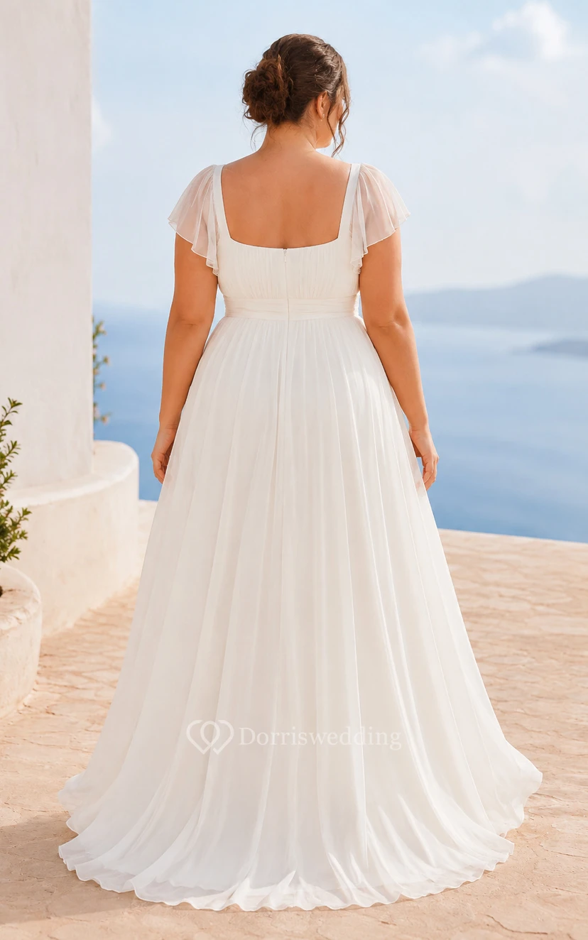 Vestido de novia de talla grande color marfil con escote cuadrado, corte en A, tul y mangas cortas transparentes. view 2