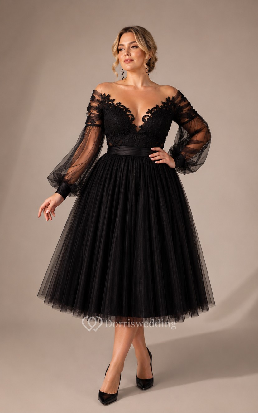 Black Plus Size Tulle Cocktail Dress | Tea Length Gothic Wedding