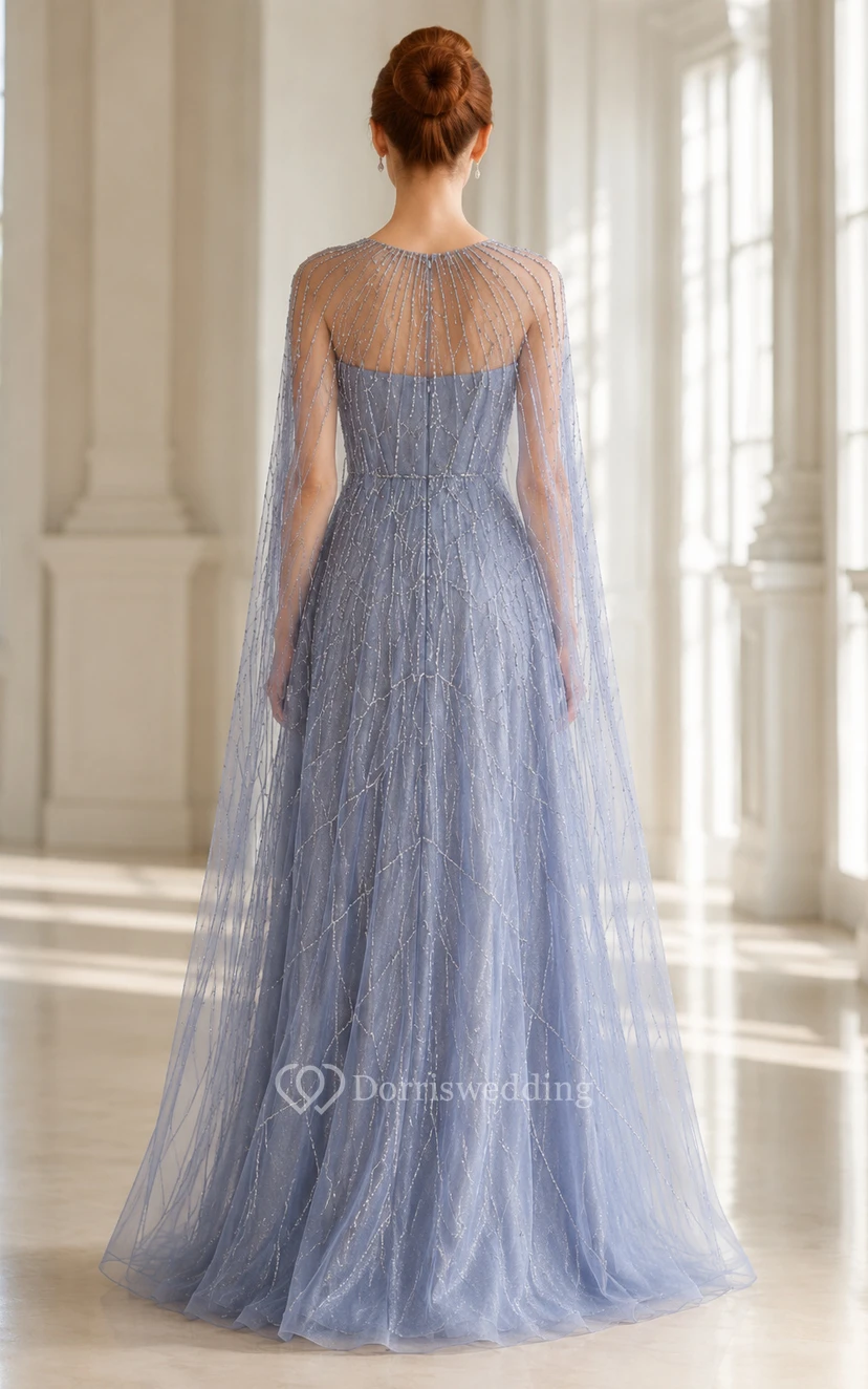 Steel Blue Illusion Cape Tulle A-Line Gown Linear Beaded Overlay for Evening and Formal Events view 2