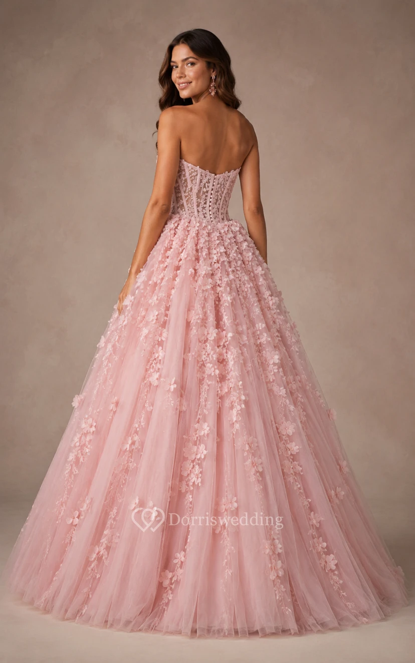 Blush Pink Tulle Ball Gown Prom Dress Strapless 3D Floral Applique view 2