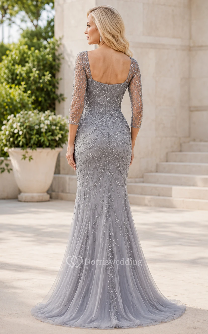 Robe sirène argentée à manches longues en dentelle et sequins pour la mère de la mariée view 2