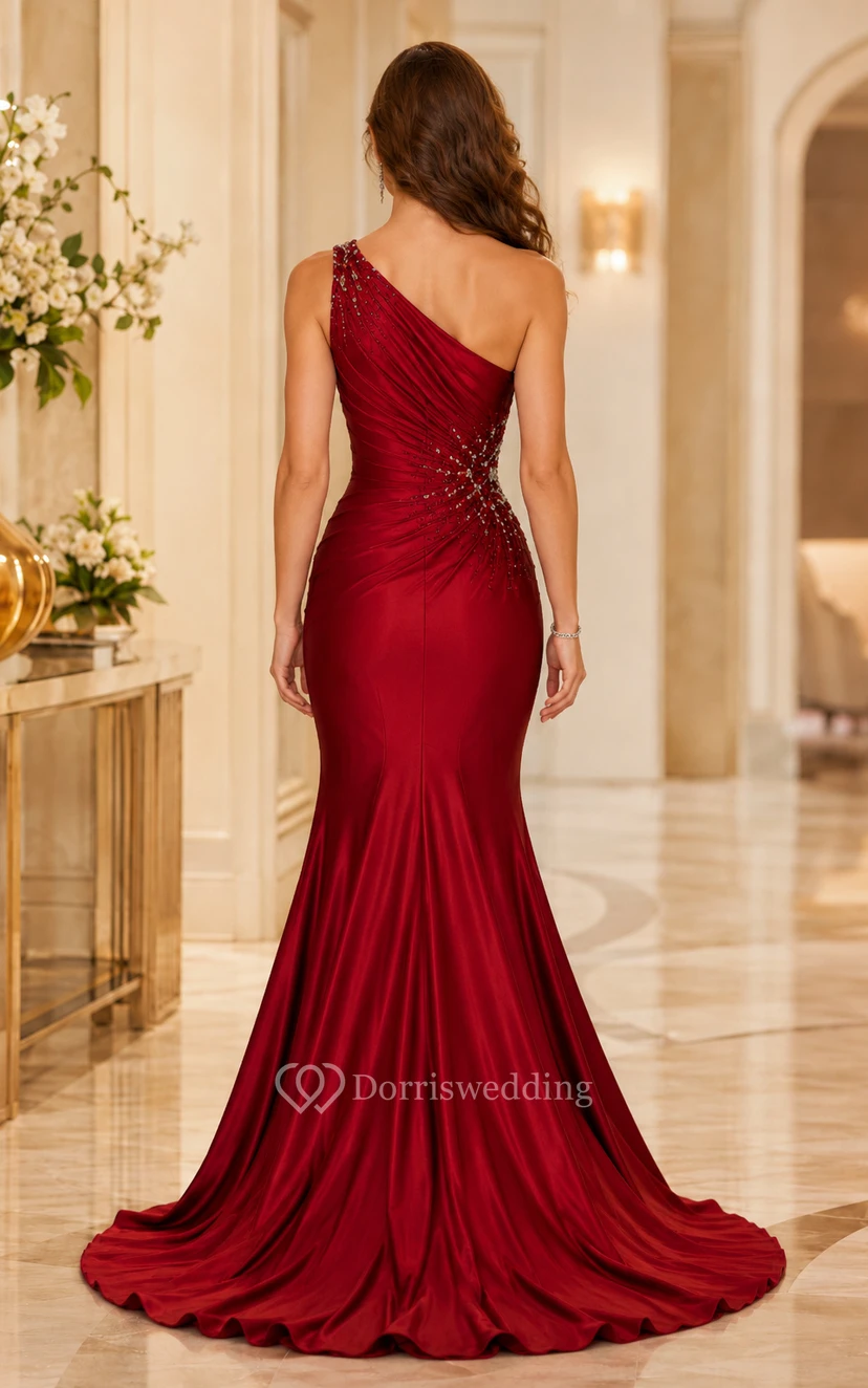 Red One-Shoulder Satin Mermaid Evening Dress with Side Applique and Ruched Waist view 2
