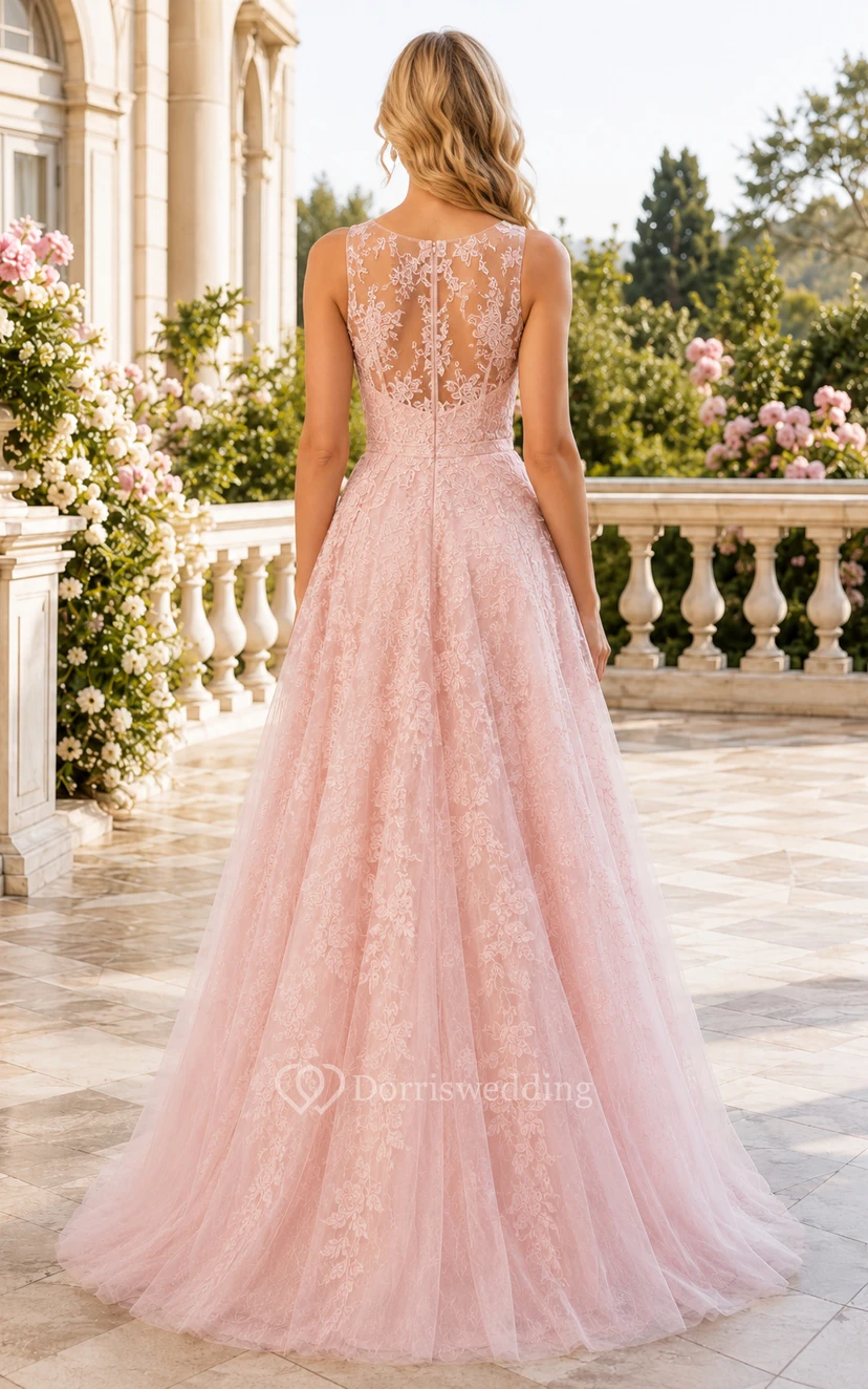 Elegantes, rosafarbenes A-Linien-Abendkleid aus Spitze und Tüll mit Illusionsausschnitt und Schleppe view 2
