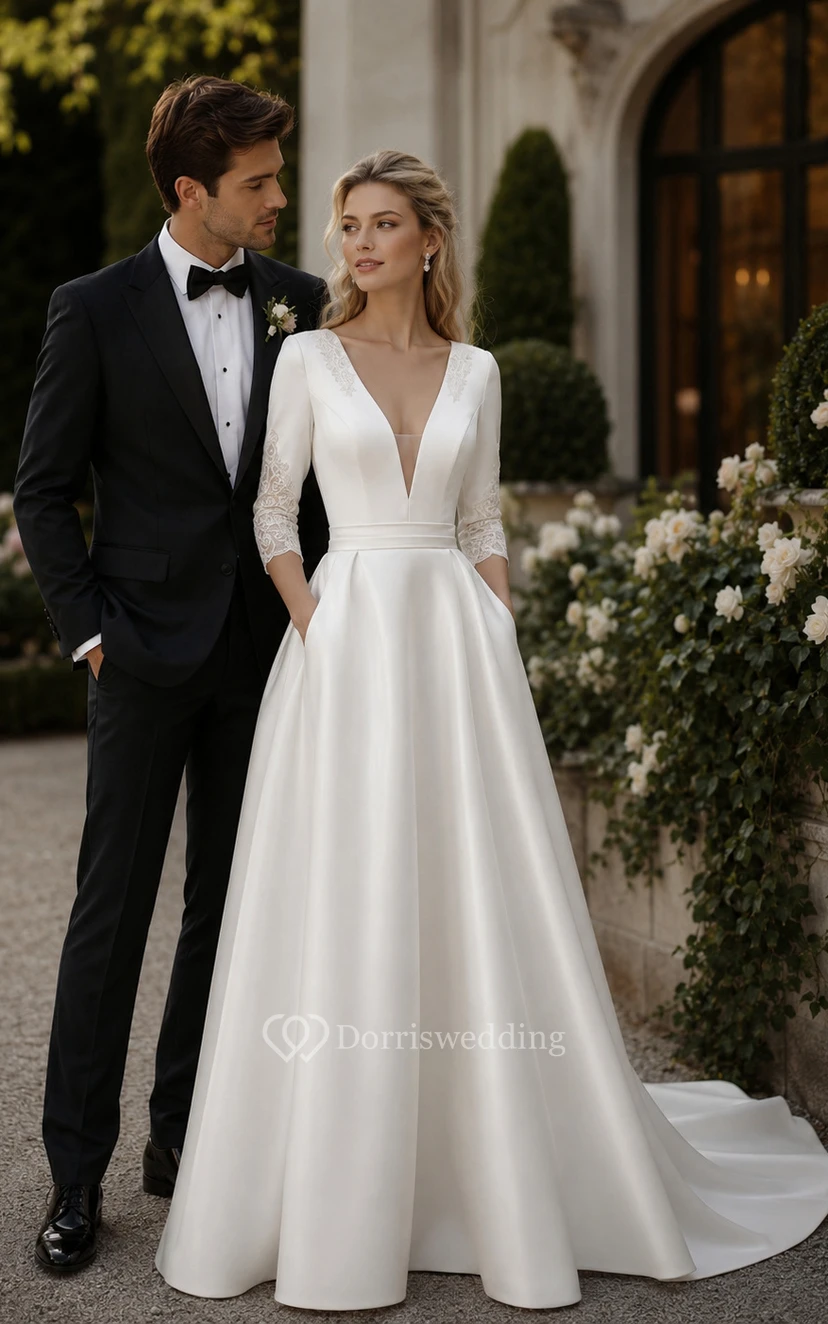 Elegantes A-Linien-Brautkleid aus Satin mit tiefem Ausschnitt und langen Ärmeln view 2