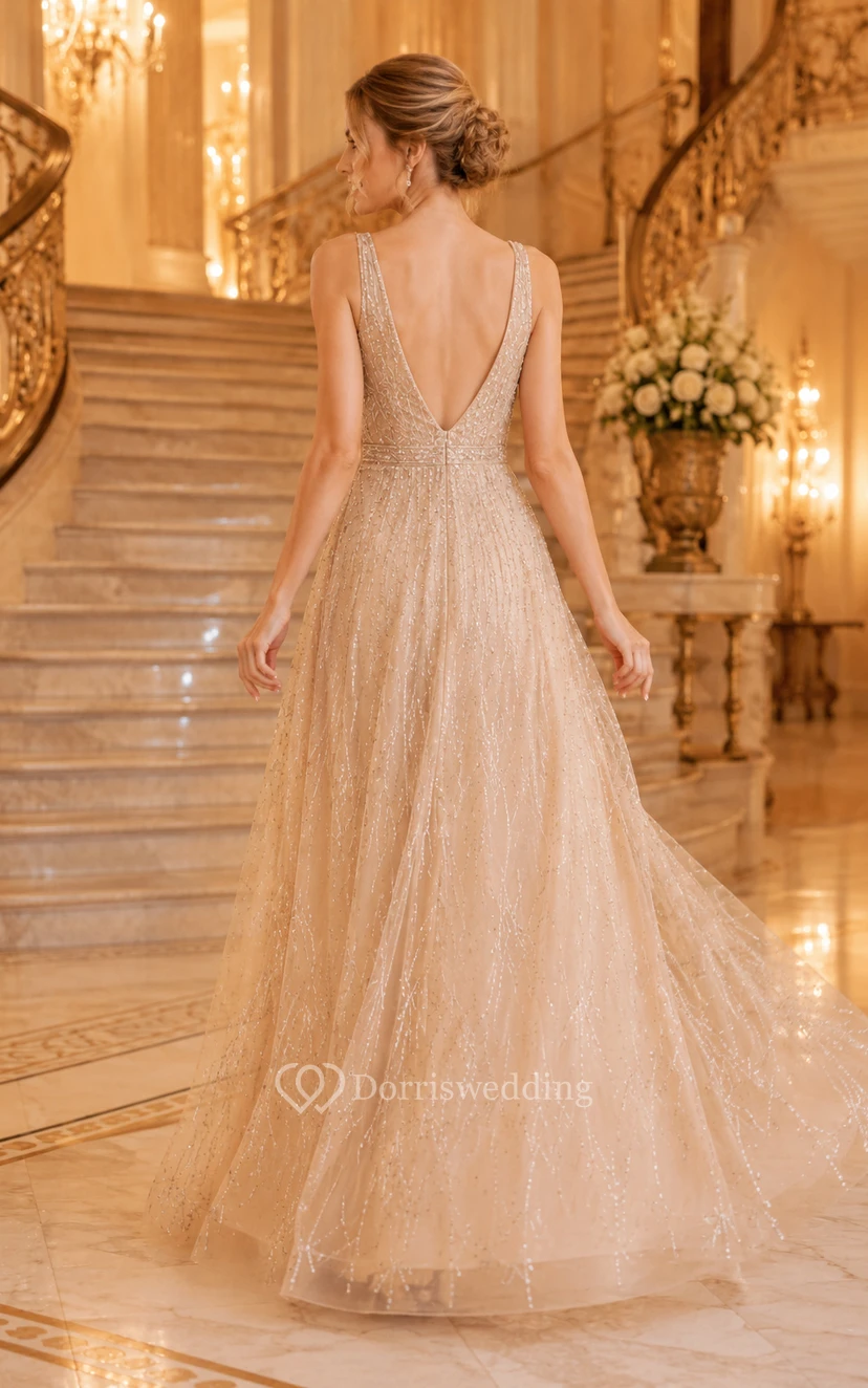 Champagne Beaded A-Line Evening Gown with V-Neck and Tulle Skirt view 2