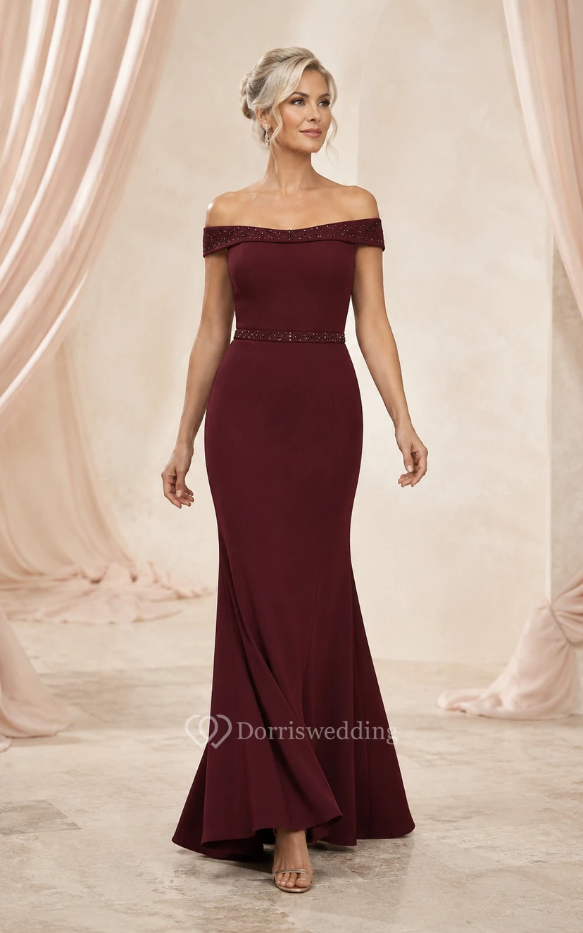 Burgundy Off-the-Shoulder Sheath Mother of the Bride Dress with Beaded Belt