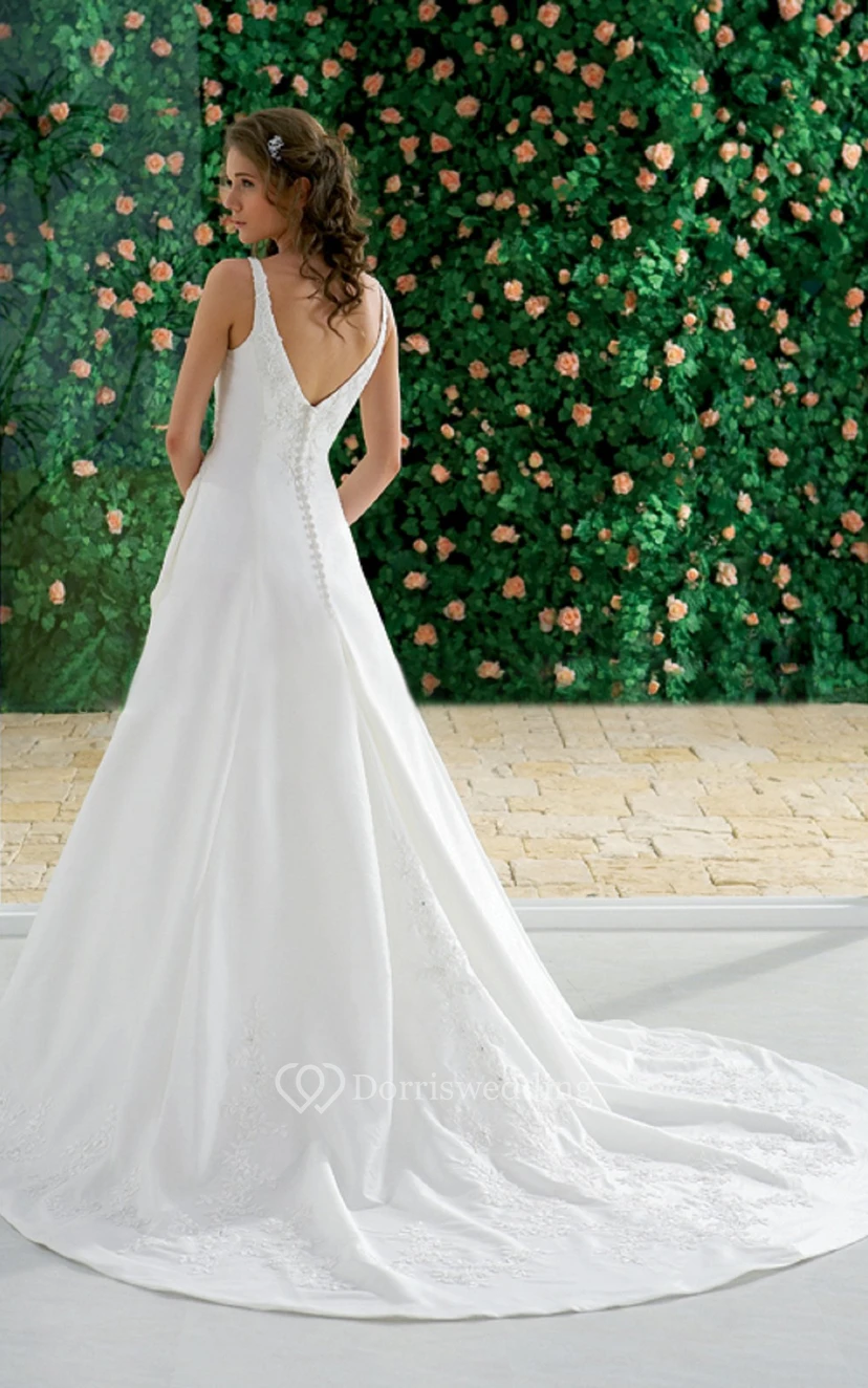 Brautkleid in A-Linie mit V-Ausschnitt, Spitzenapplikationen, Chiffon, gerafftem Oberteil und Schleppe view 7