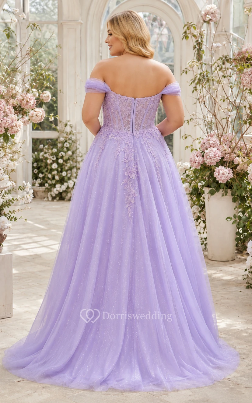 Lavender Plus Size Off Shoulder A-Line Tulle Prom Dress with Slit for Prom Evening and Formal Reception Events view 2