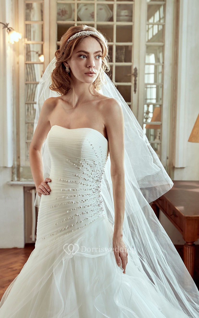 Strapless Wedding Dress With Side Draping and Pearl