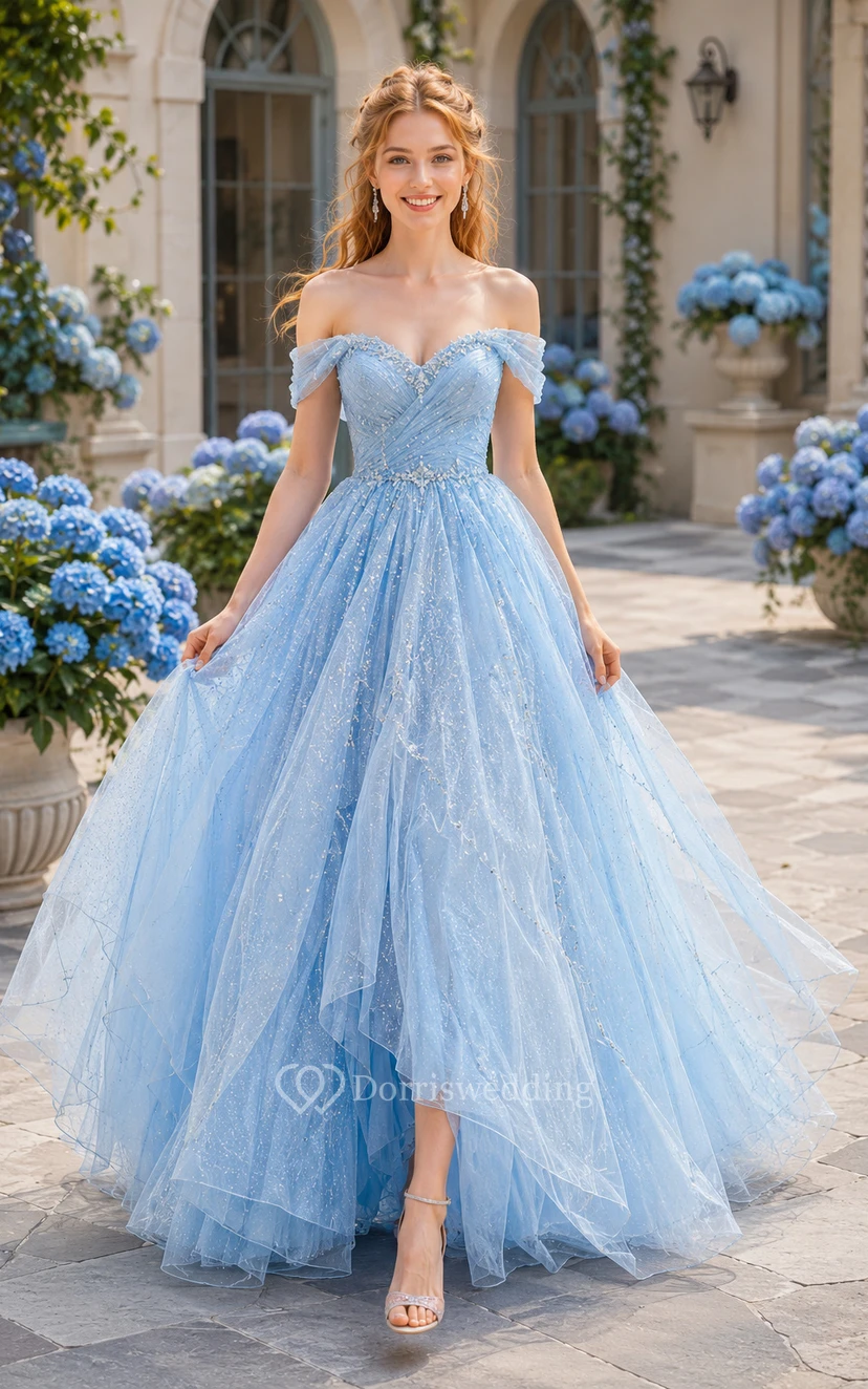 Himmelblaues, schulterfreies Glitzer-Tüll-Ballkleid mit Stufenrock für Abschlussball, Quinceañera und festliche Anlässe