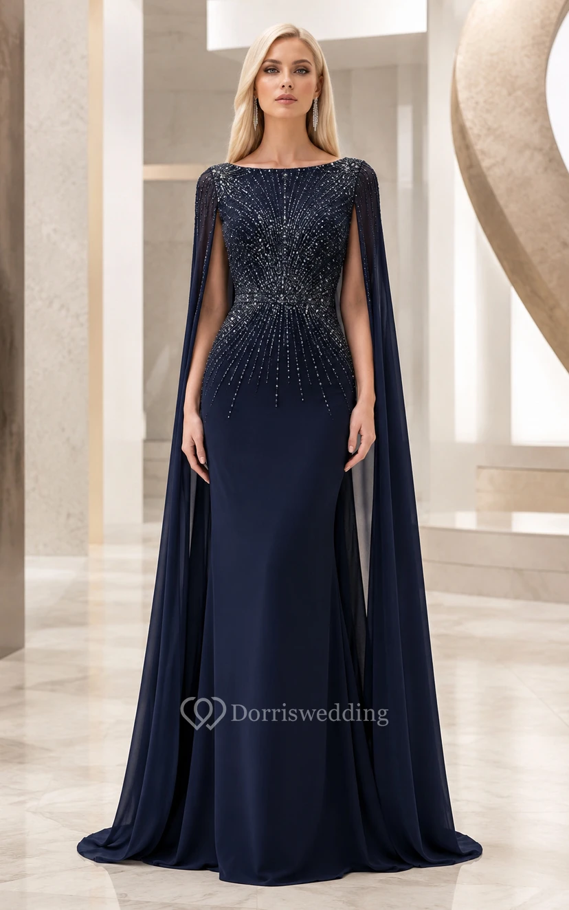 Dark Navy Cape Sleeve Beaded Sheath Evening Dress with Rhinestone Bodice and Floor Length Skirt