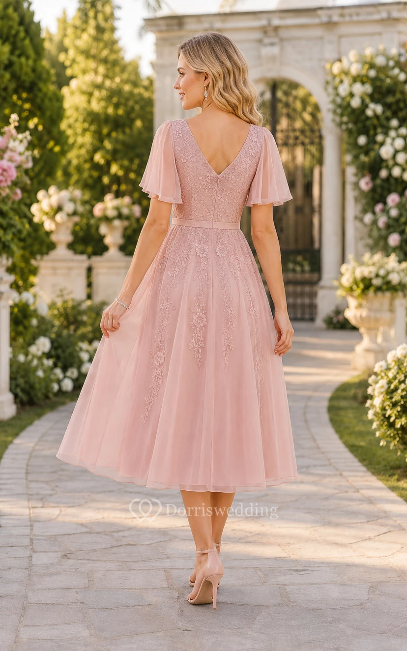 Blushing Pink Tea Length A-Line Tulle Guest Dress with Flutter Sleeves for Bridesmaids Wedding Guests and Formal Receptions view 2