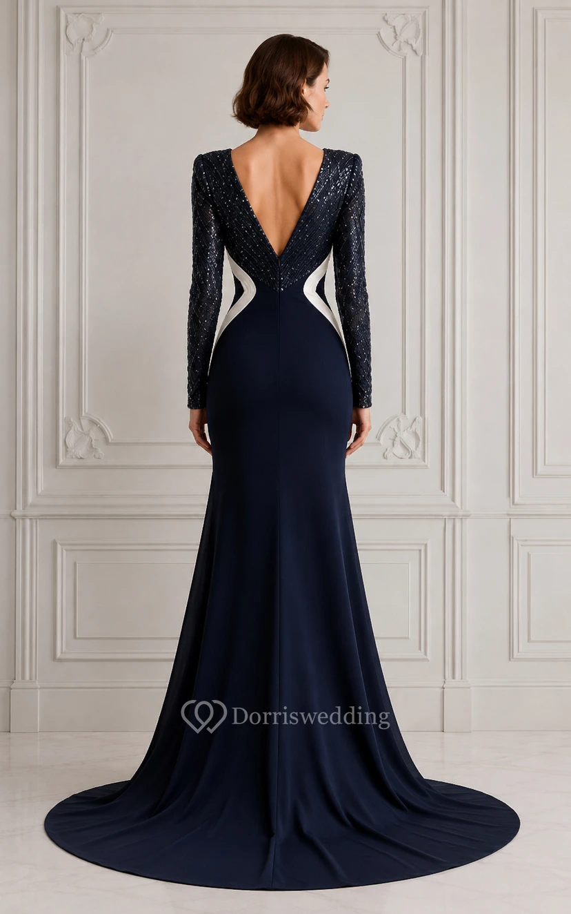 Dark Navy Long Sleeve Mermaid Evening Dress with Deep V-Neck and Sequin Sleeves view 2