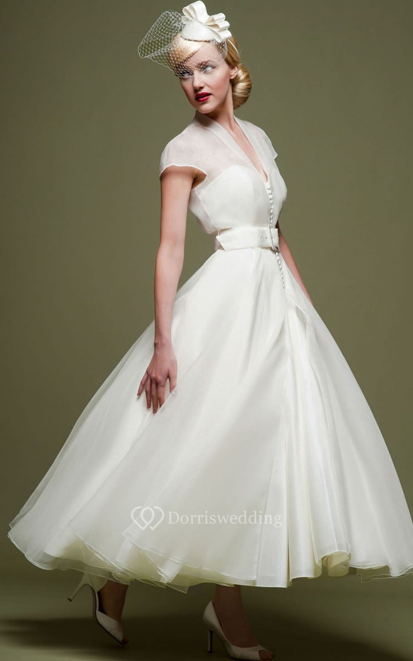 Ankle Length A Line Ribboned V Neck Cap Sleeve Tulle Wedding Dress Dorris Wedding