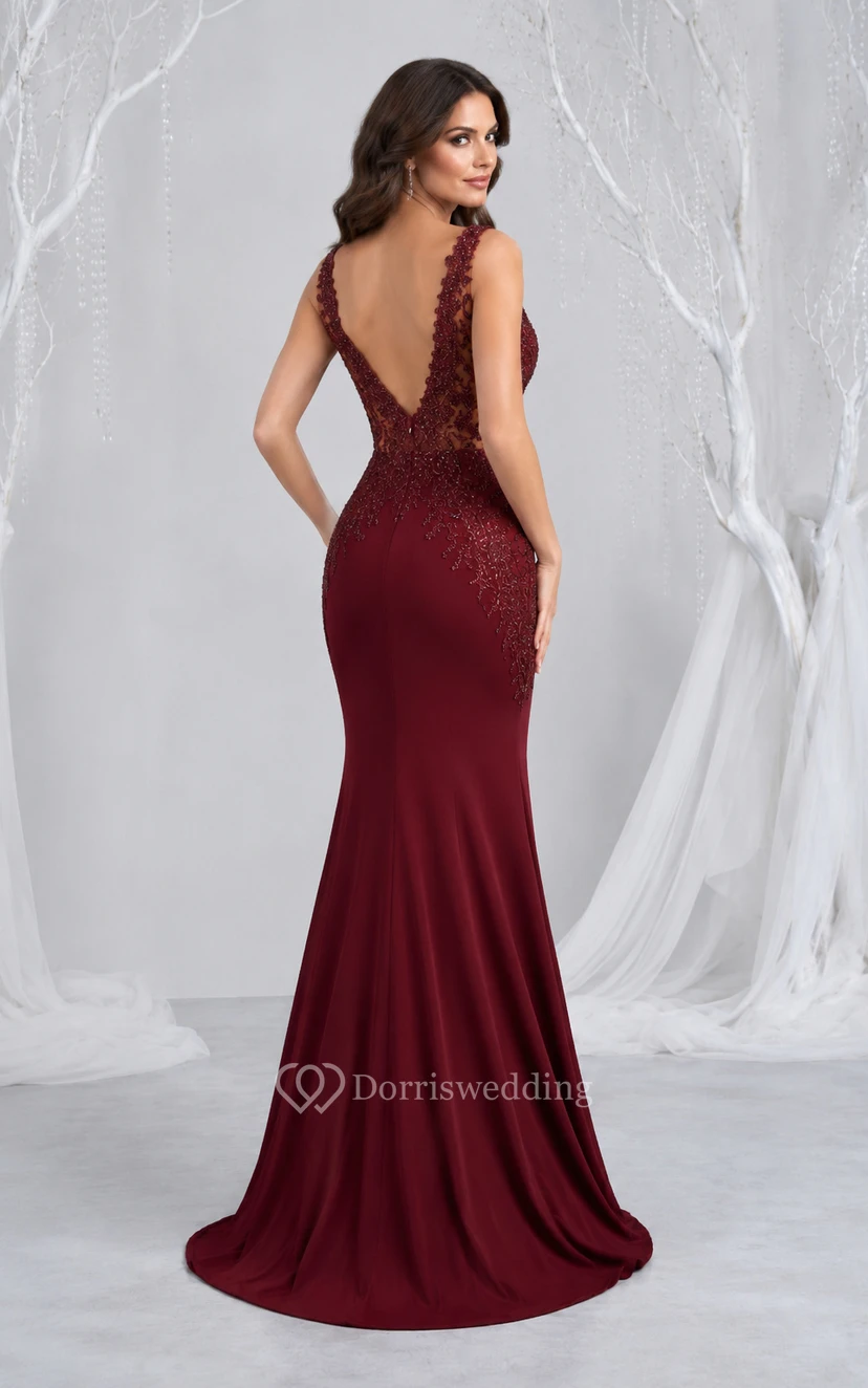 Robe de soirée sirène bordeaux à col en V et corsage en dentelle, idéale pour les soirées et les événements formels. view 2