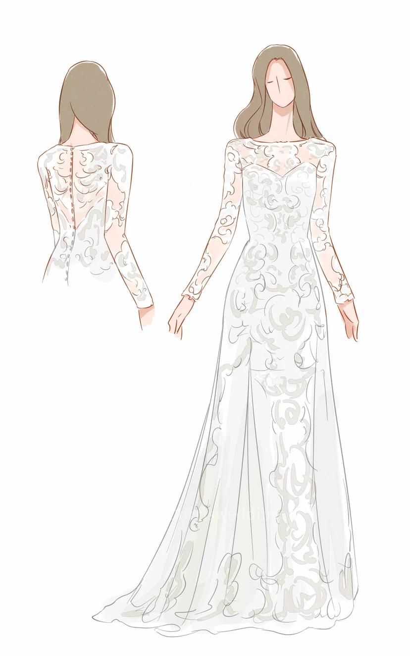 Sheath Long-Sleeve High Neck Tulle&Lace Wedding Dress With Sweep Train view 11