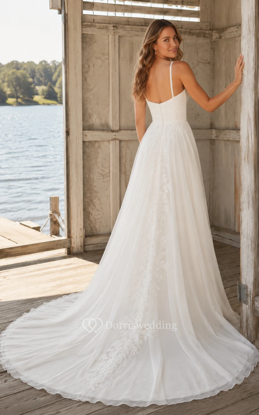 Wedding A-Line Tulle Dress with Square Neck Straps and Lace Skirt view 2