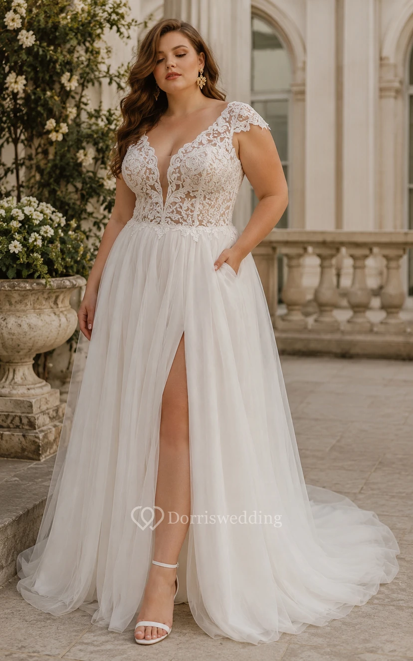 lace wedding dress with front split Long Sleeve Boho Flowy Wedding Dress Lace A-Line V-Neck Beach Gown with Split Front and Sweep Train, Diamond White / 6