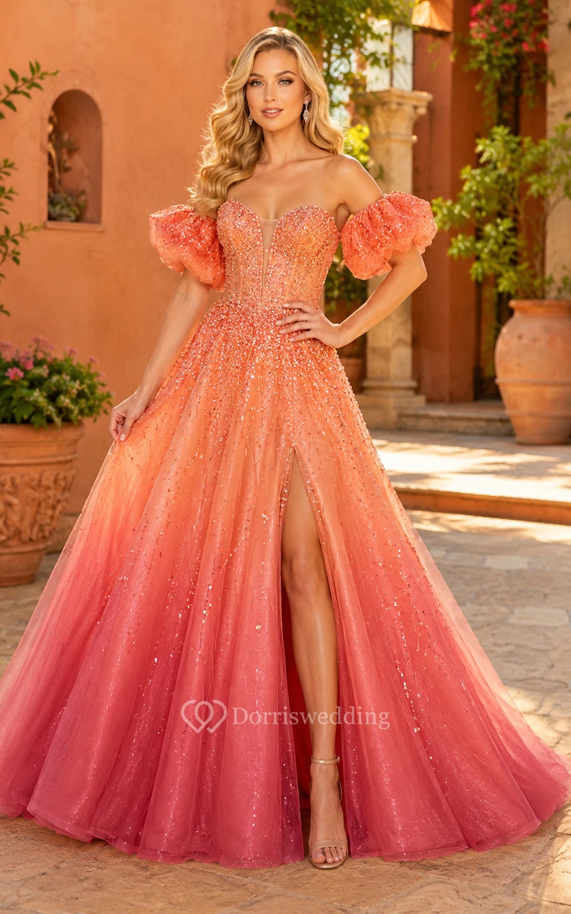 Vestido de fiesta de gala color coral con escote Bardot, lentejuelas, mangas abullonadas y falda de tul.