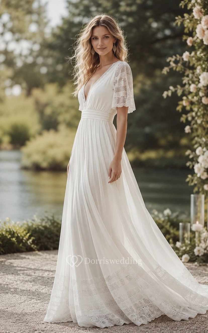 half sleeve casual wedding dresses V-neck Half-sleeve Empire Simple Chiffon Casual Wedding Dress WD711 US6 / Custom Color
