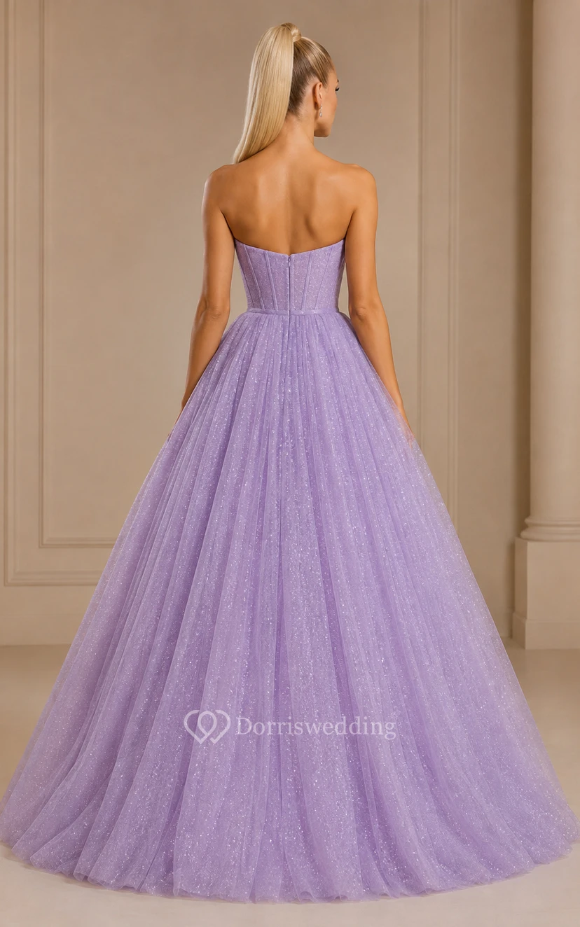 Robe de bal bustier lavande en tulle à jupe à volants et jupe asymétrique view 2